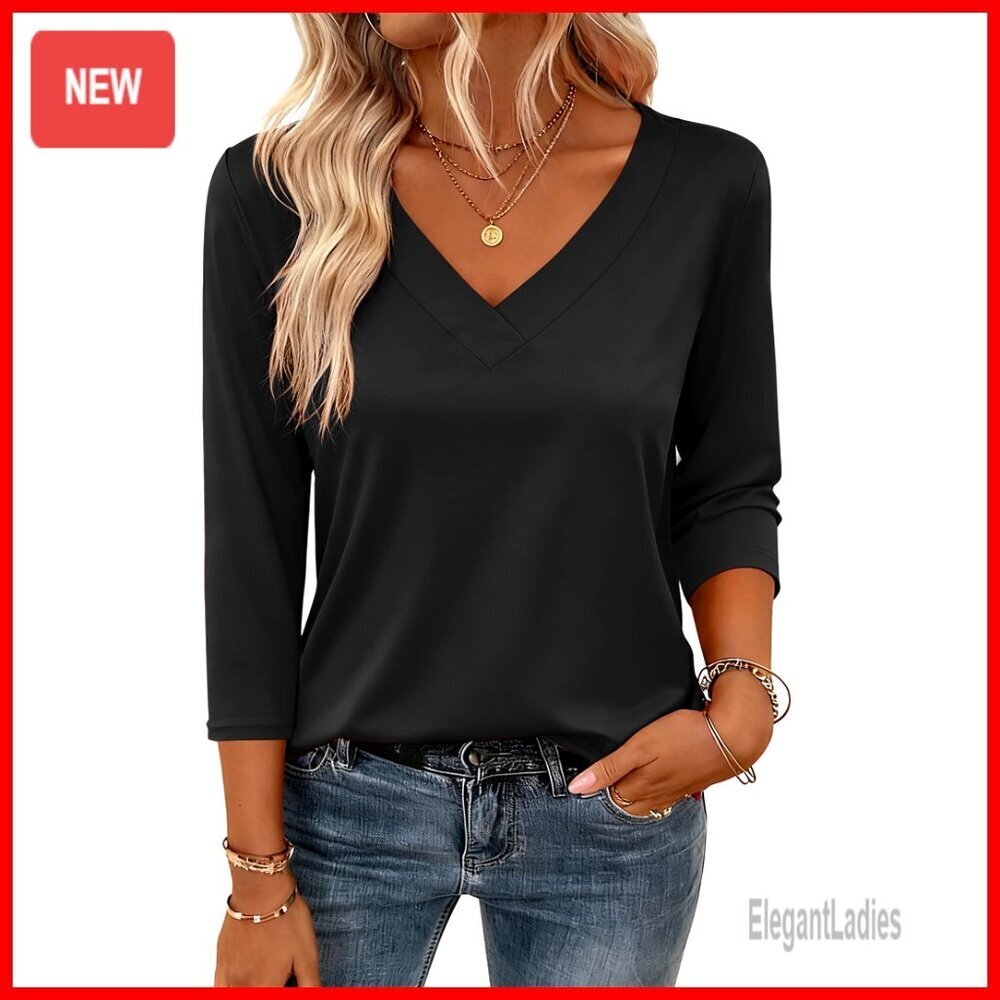 3/4 Sleeve V-Neck Blouse, Polyester Spandex, Regular Fit, Dressy Casual